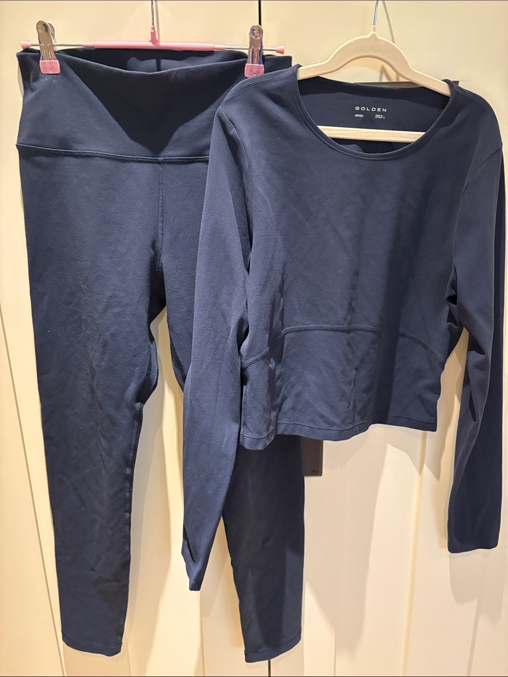 Aritzia GOLDEN navy long sleeve crop top and leggings set